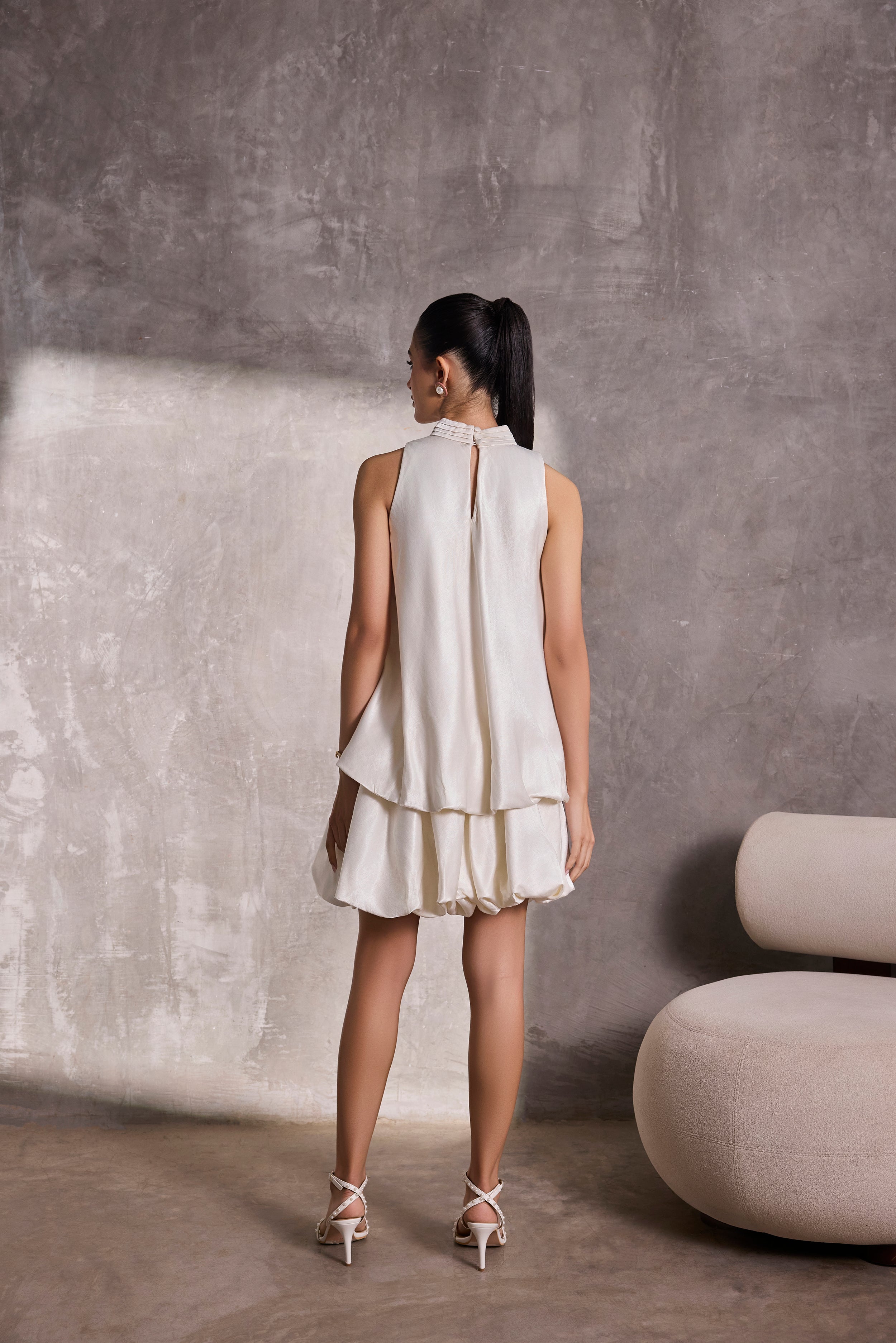 Ivory Gajji Silk Bubble Hem Halter Top & Mini Bubble Skirt