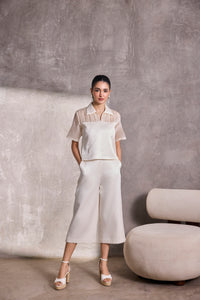 Ivory Fabric Block Collared Top & Gaucho Pants