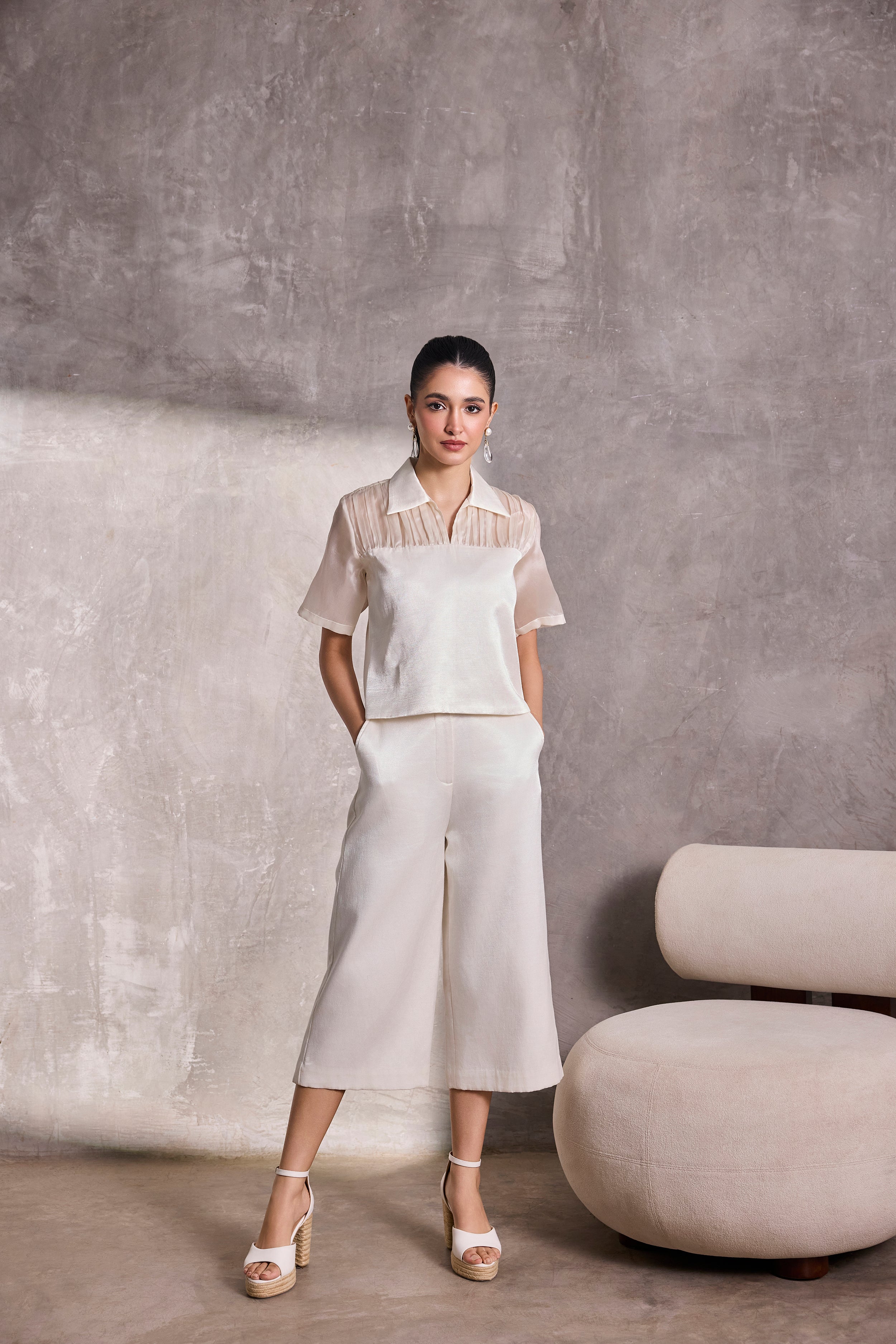 Ivory Fabric Block Collared Top & Gaucho Pants
