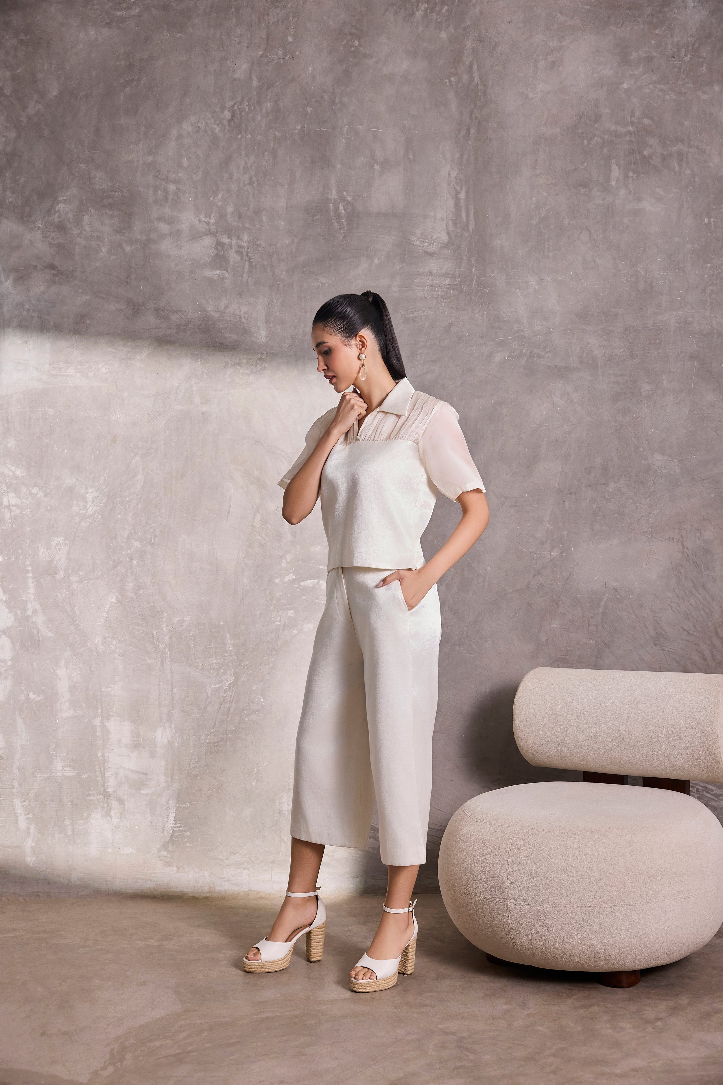 Ivory Fabric Block Collared Top & Gaucho Pants