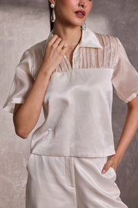 Ivory Fabric Block Collared Top & Gaucho Pants