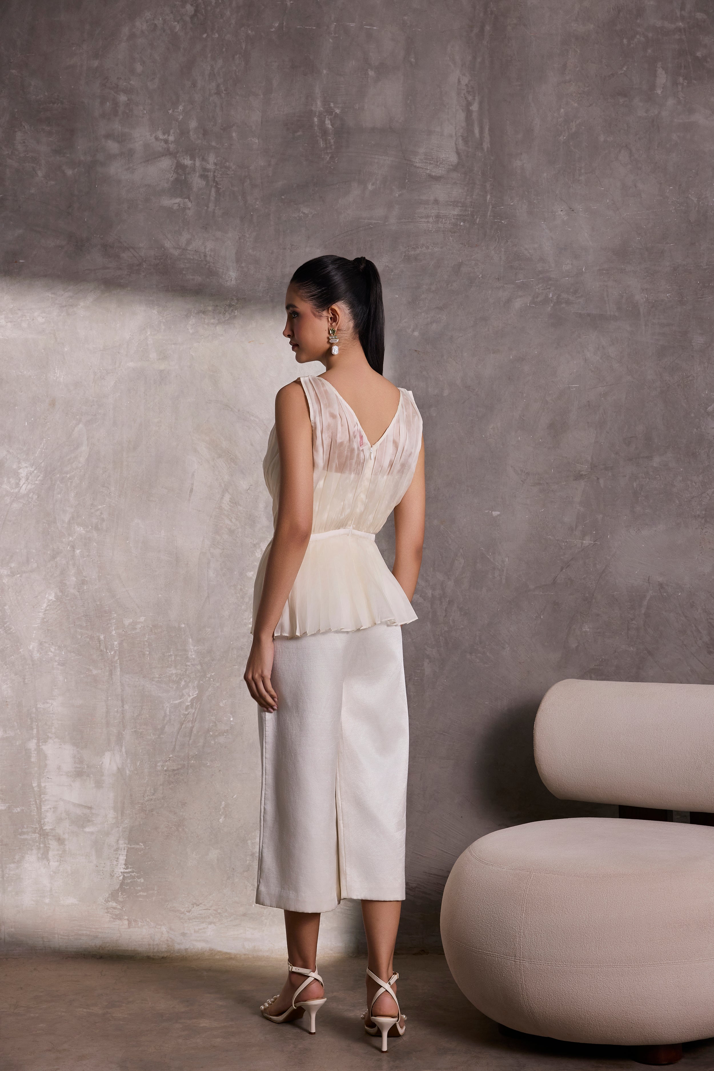 Ivory Silk Organza Peplum Top & Gaucho Pants