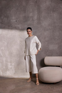 Ivory Gajji Silk Belted Top with Ruched Sleeves & Gaucho Pants