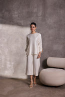 Ivory Gajji Silk Belted Top with Ruched Sleeves & Gaucho Pants
