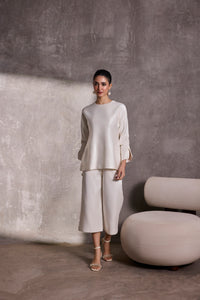 Ivory Gajji Silk Belted Top with Ruched Sleeves & Gaucho Pants
