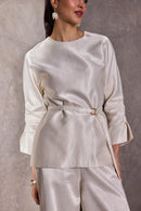 Ivory Gajji Silk Belted Top with Ruched Sleeves & Gaucho Pants