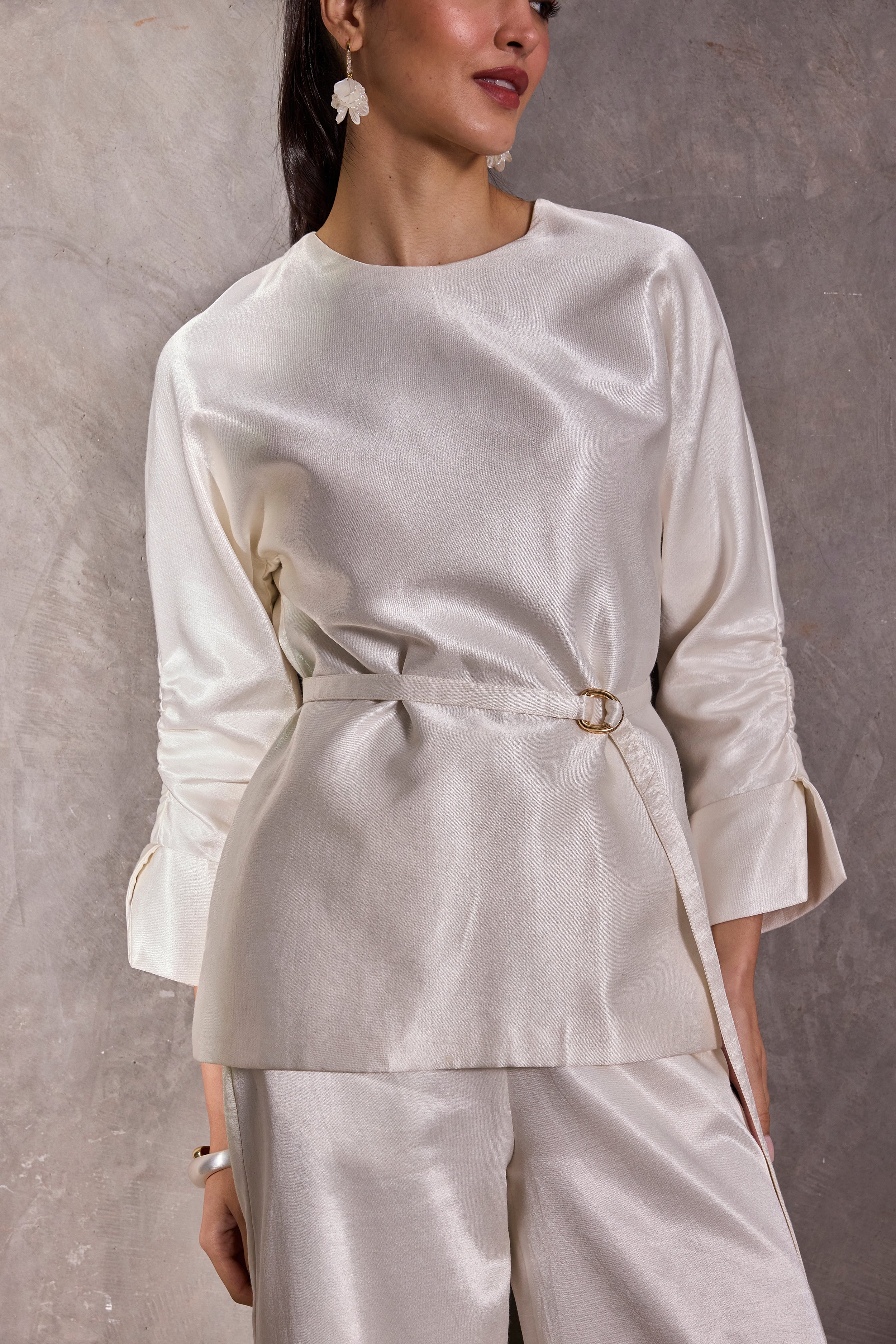 Ivory Gajji Silk Belted Top with Ruched Sleeves & Gaucho Pants