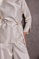 Ivory Gajji Silk Belted Top with Ruched Sleeves & Gaucho Pants