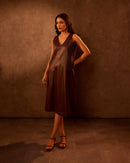 Mocha Faux Leather Trapese Dress with Stitch Detail