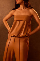 Tan Faux Leather Bubble Tube Top with Stitch Detail