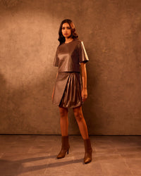 Mocha Faux Leather Wrap Mini Skirt with Stitch Detail