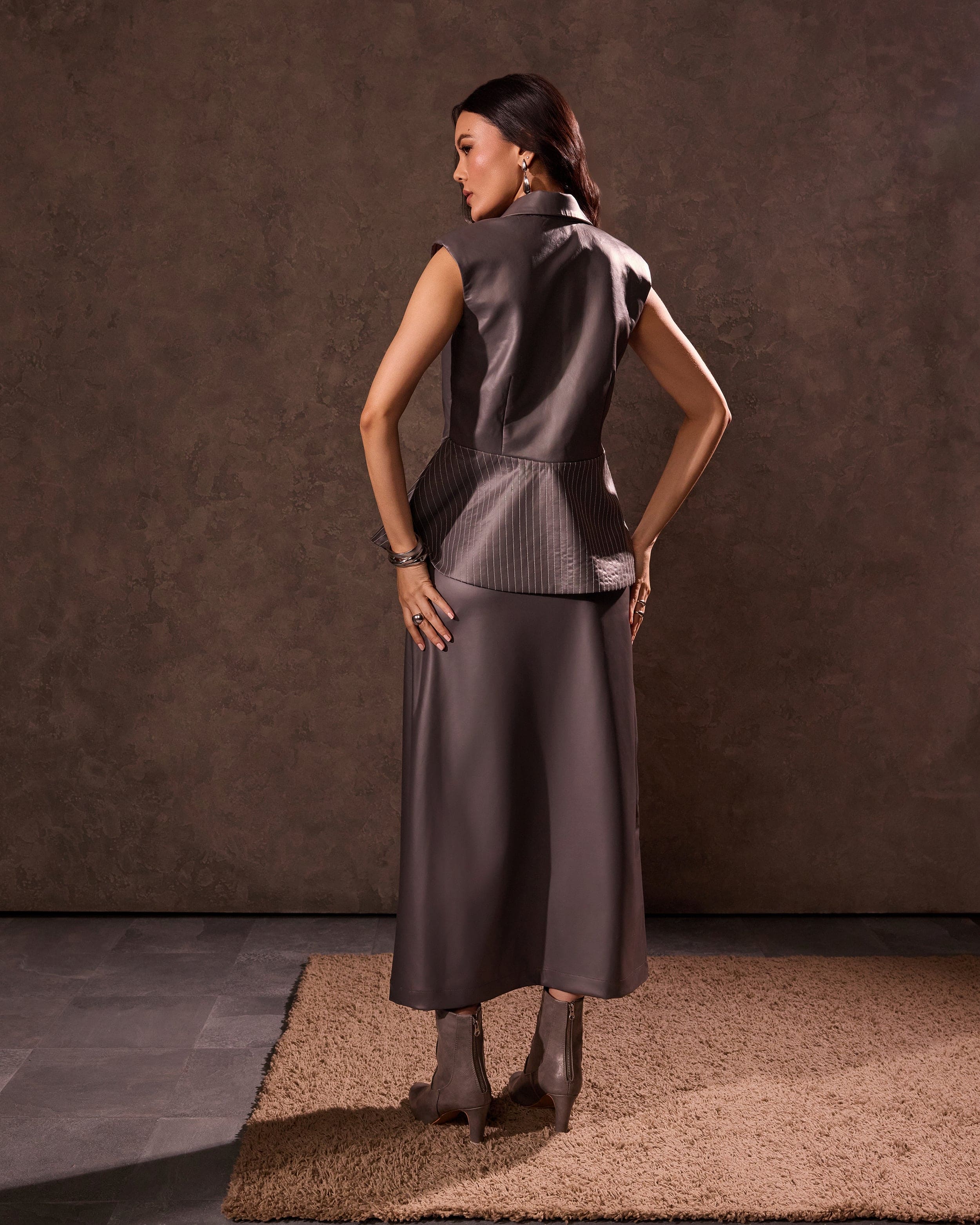 Grey Faux Leather Wrap Long Skirt with Stitch Detail