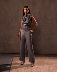 Grey Faux Leather Straight Fit Trousers with Stitch Detail