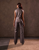 Grey Faux Leather Straight Fit Trousers with Stitch Detail