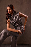 Grey Faux Leather Drape Top