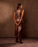 Mocha Faux Leather Calf Length Drape Dress