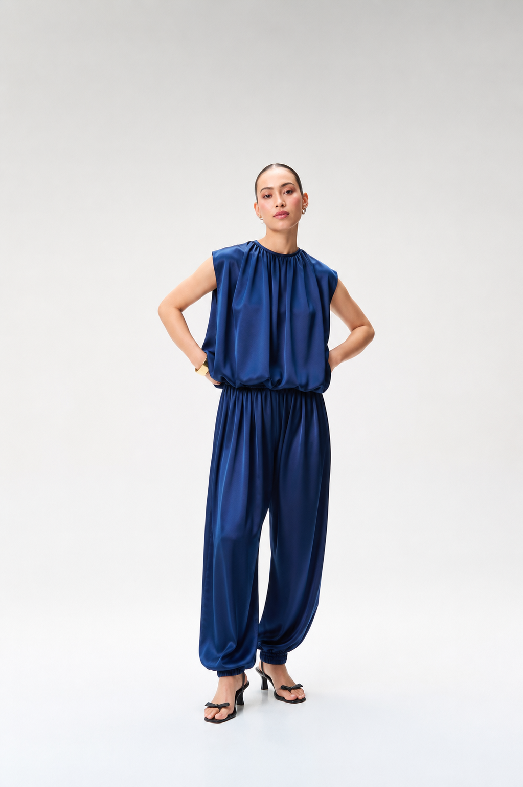 Midnight Blue Silk Satin Balloon Top & Midnight Blue Silk Satin Balloon Pants