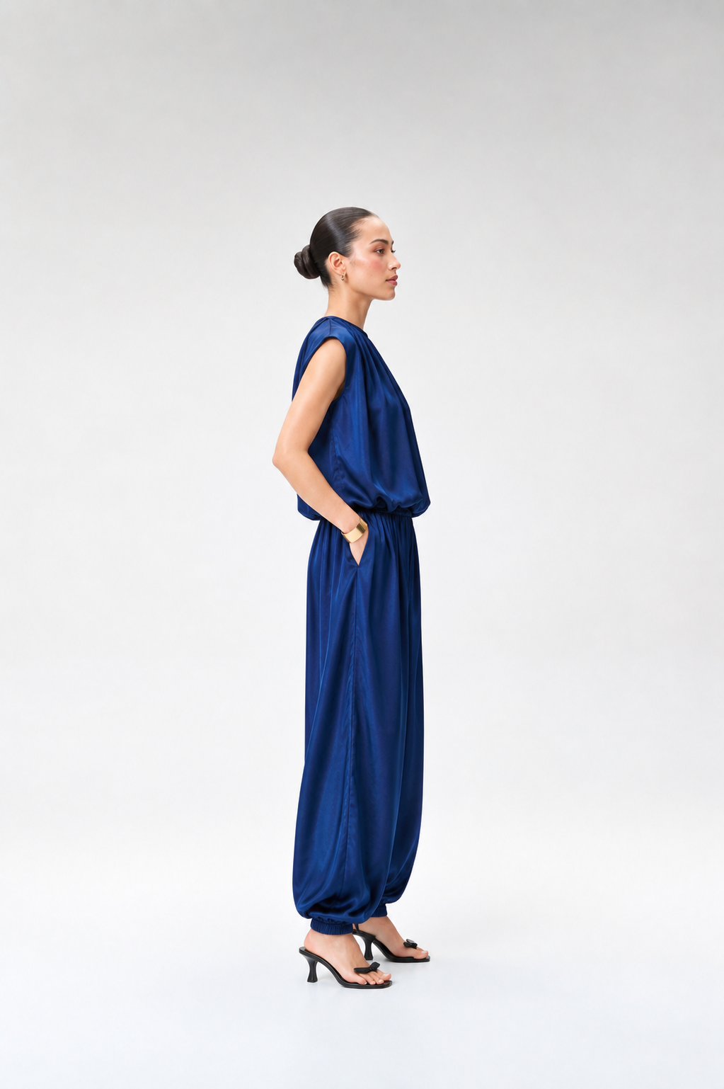 Midnight Blue Silk Satin Balloon Top & Midnight Blue Silk Satin Balloon Pants