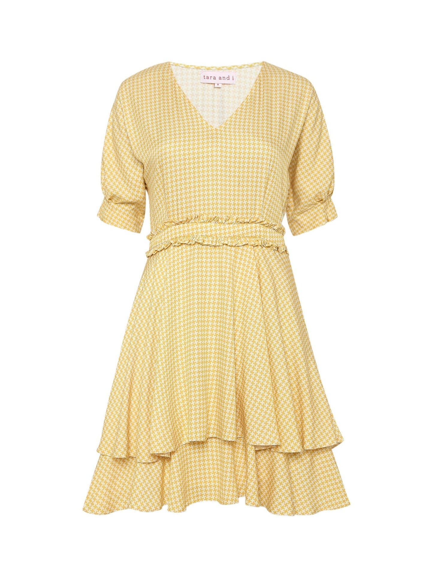 sun-kissed yellow houndstooth printed tiered mini dress