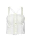 white denim paper bag pants and bustier co-ord set