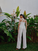 white denim paper bag pants and bustier co-ord set