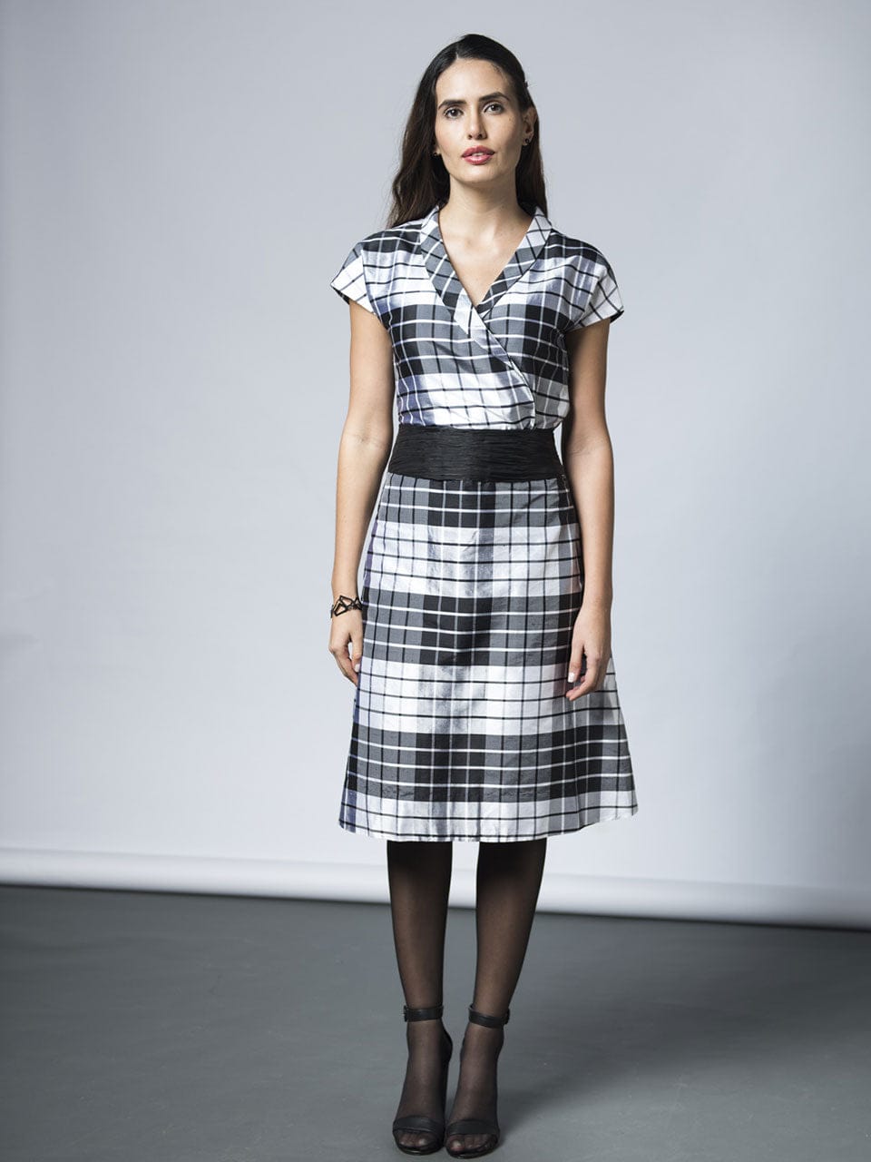 Wrap-effect Checkered Top + Checkered Skirt