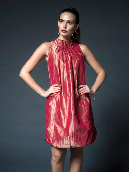 Red Stripe Taffeta Dress + Belt